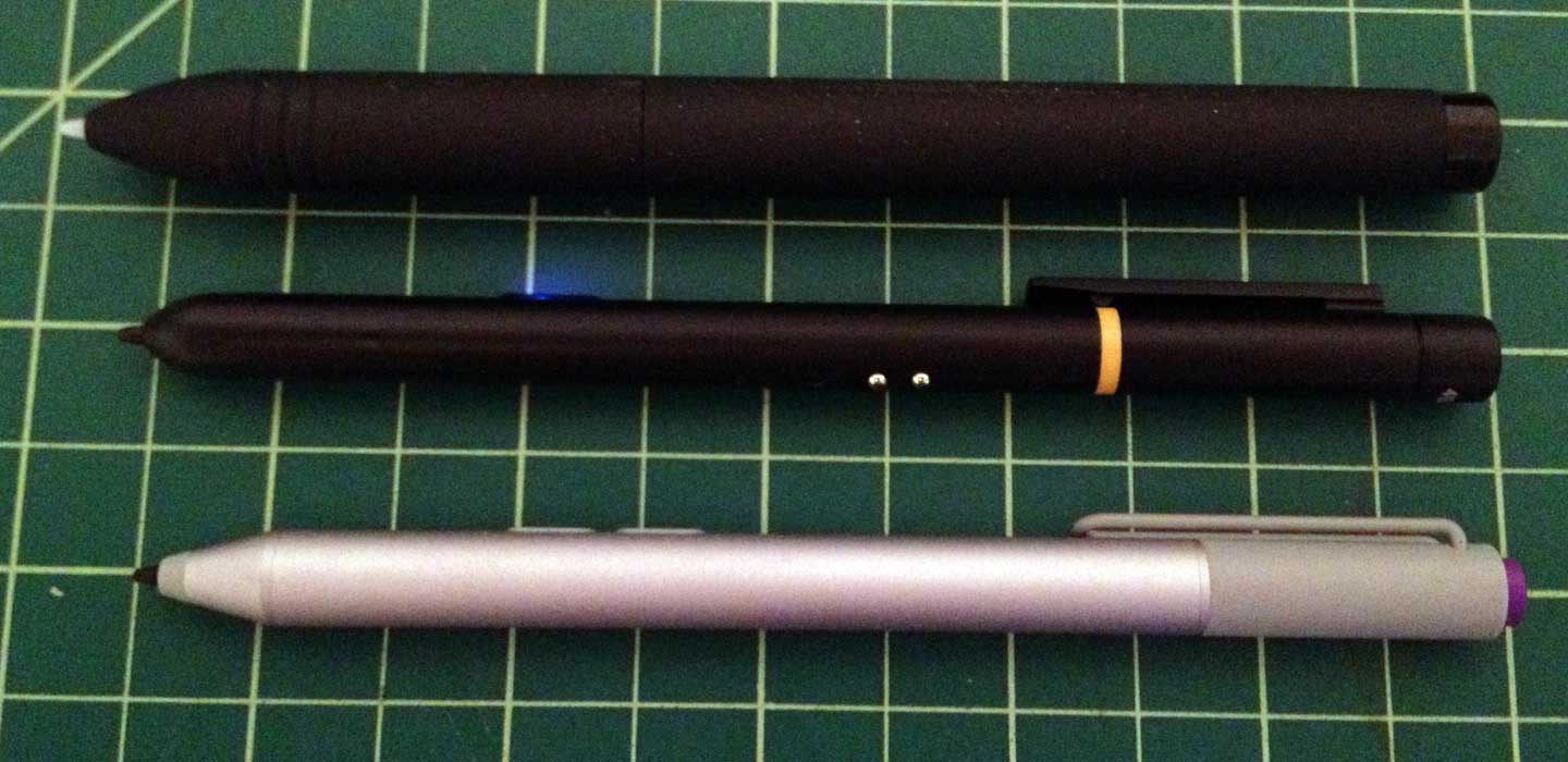 The Monoprice pen (center) is about the same length as the Surface Pro 3 pen, but much narrower than the pen shipped with the Huion GT-220.