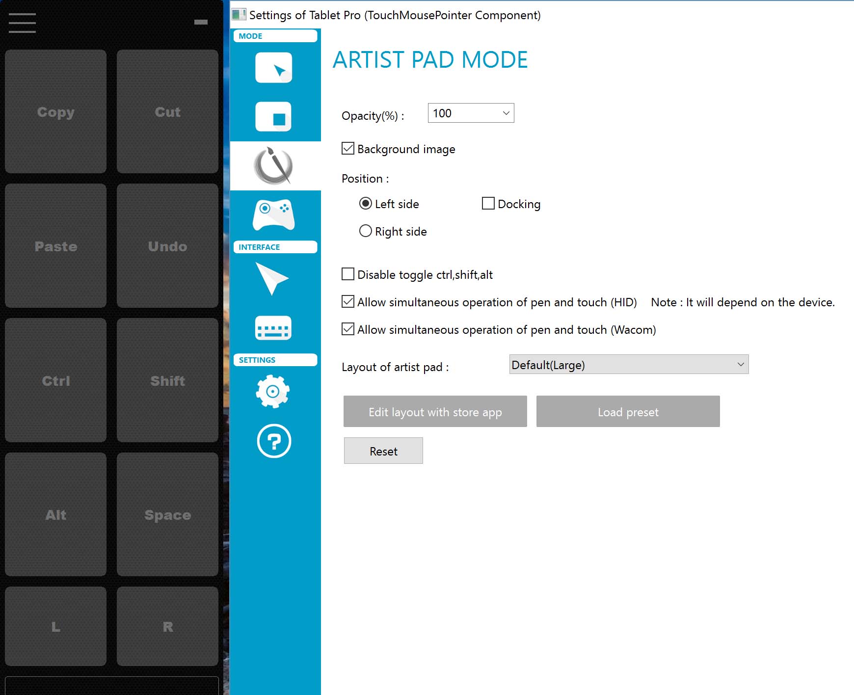 The default Artist Pad hotkeys (left) and the Artist Pad control panel.