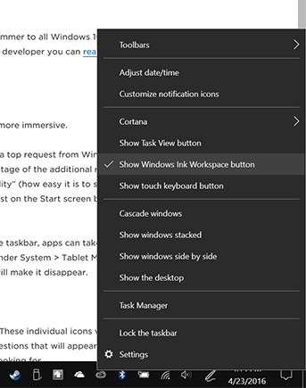 Right clicking on the taskbar tray reveals the Show Windows Ink Workspace toggle