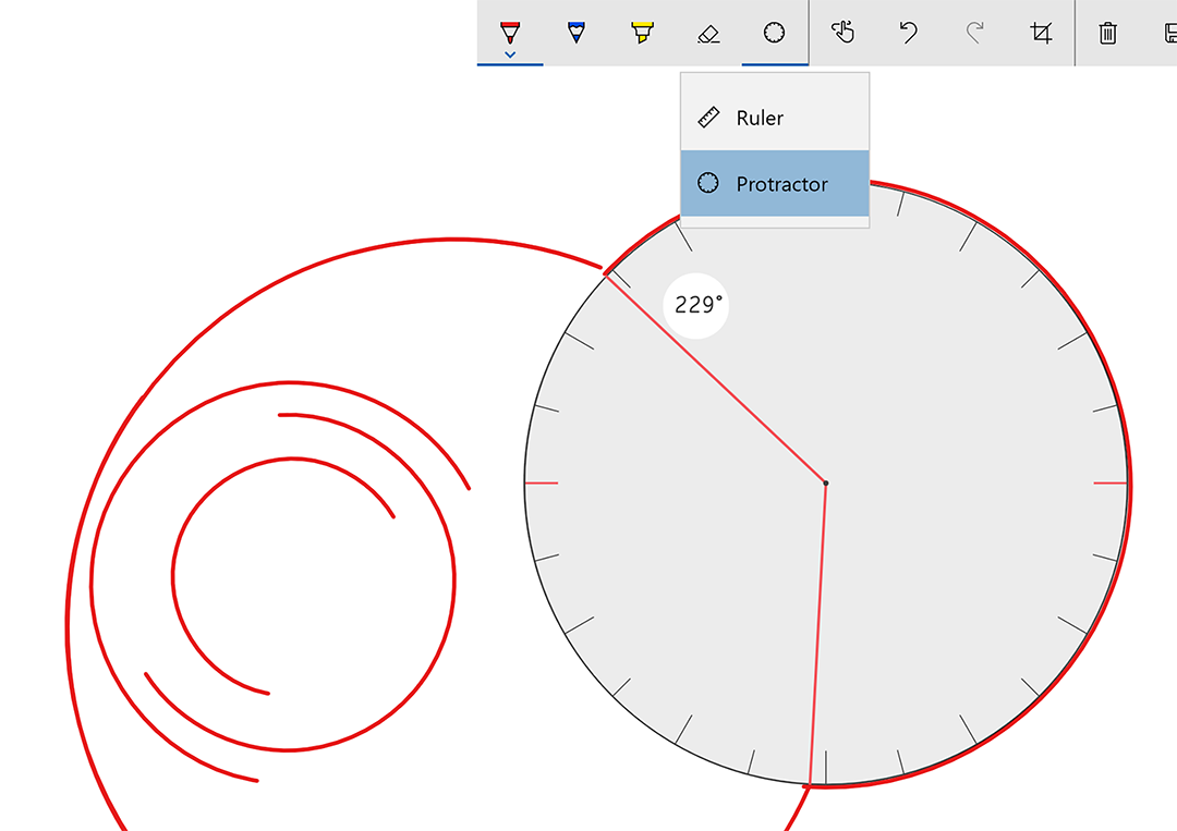 The protractor tool is a circular ruler. It's so lifelike, I forgot that I didn't need to hold it down with my free hand as I drew!