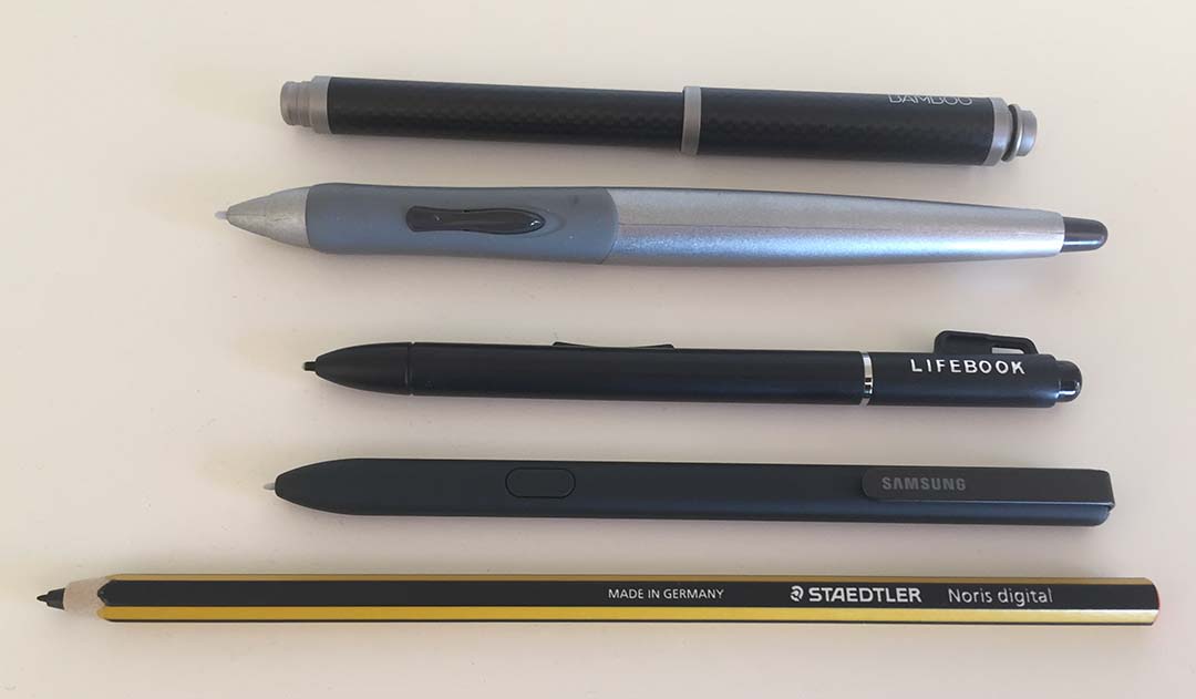Older Wacom EMR tablet PC pens tested with the Galaxy Book, from top: Wacom Bamboo Stylus feel, the Axiotron Studio Pen, the Fujitsu T-5000.