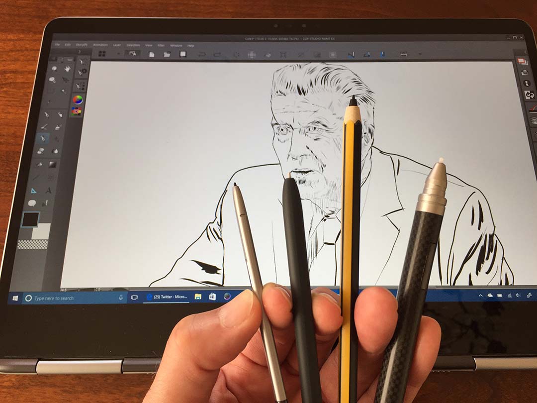 The Notebook 9 Pro's S-Pen (left) is almost flat. The full-size S-Pen and Staedtler Noris Digital are acceptable, but much narrower than the Wacom Bamboo Stylus Feel (far right) which is the width of a standard pen.