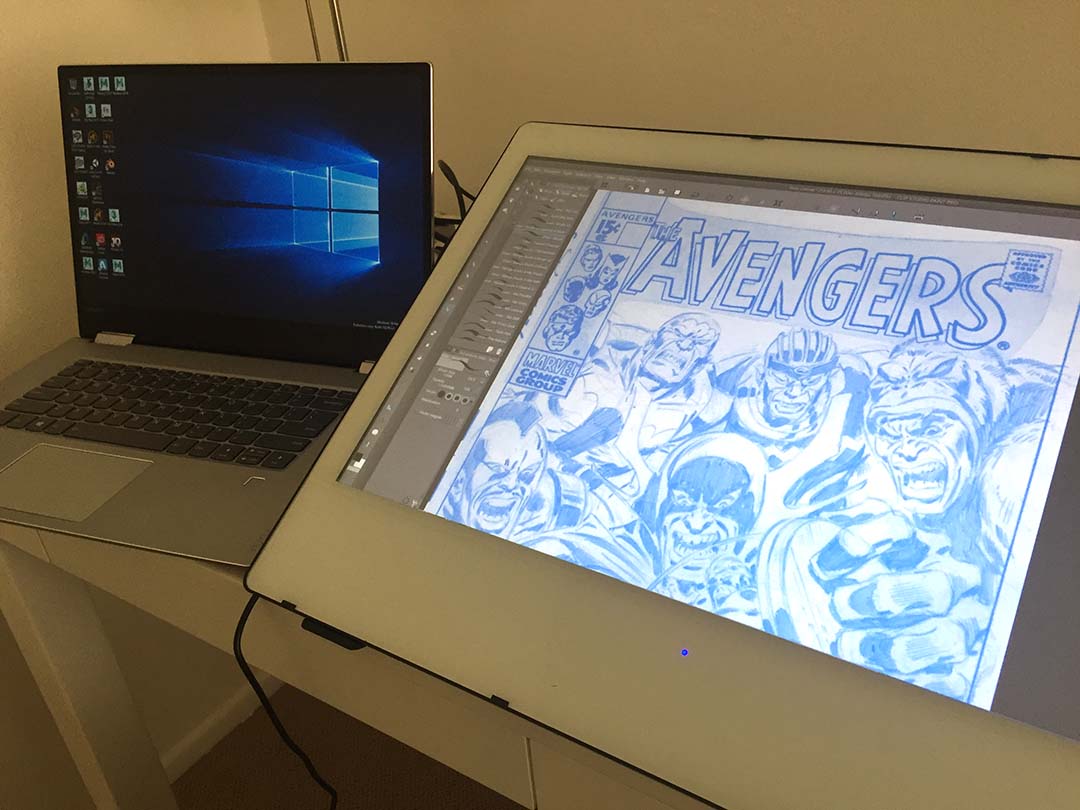 Nothing beats the roominess of a big pen display like the Yiynova MVP22U+DF for inking on professional comics art like this classic Avengers cover by John Buscema.