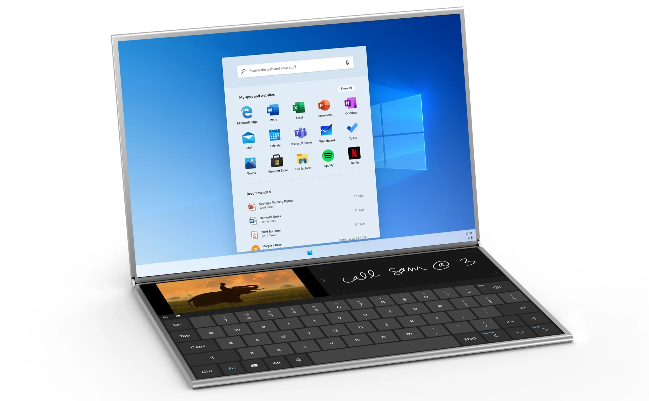 The physical keyboard leaves an impractical strip of the second screen visible.