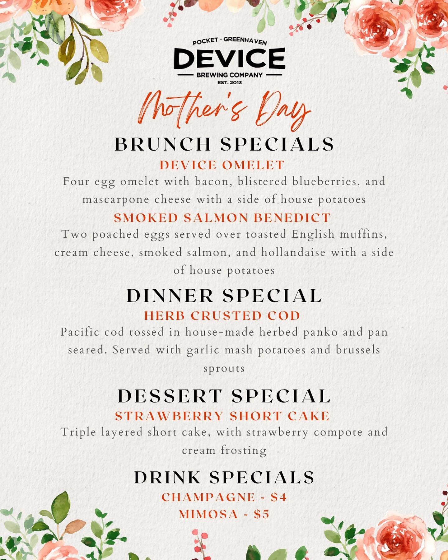Moms deserve the best, and this Mother's Day, we're here to help you show her how much you care. 💖 Our Pocket/Greenhaven Taproom + Kitchen Mother's Day brunch menu is packed with all her favorites, with the addition of a few specials available this 