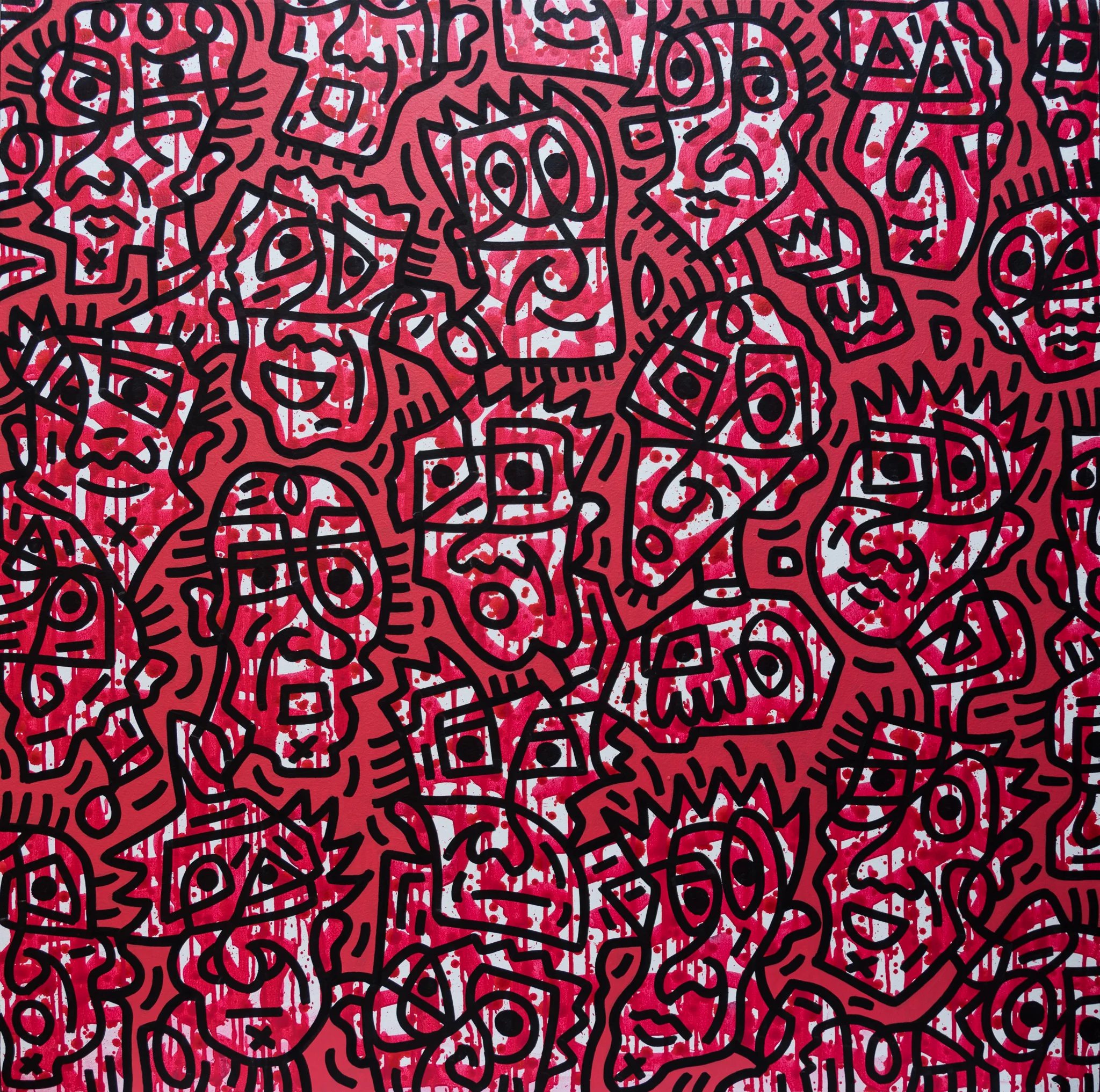 Red facial forms #1, enamel on canvas, 100x100cm, SOLD