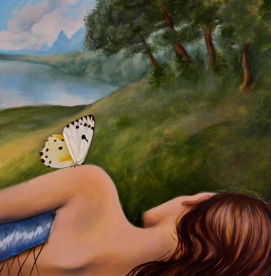Vista, oil and butterfly wings on panel, 8″ x 8", Jessica Libor 2015