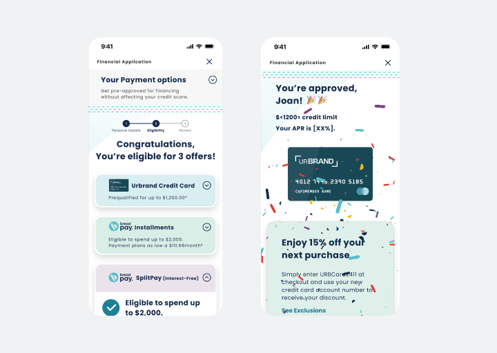 Screenshot of a mobile app showing a user's approved credit offer, including a credit card image and a 15% discount promotion for their next purchase.