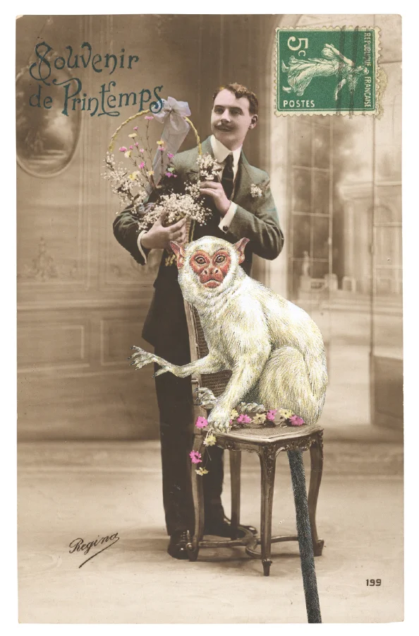Gracia Haby, Mr Breton sends spring wishes , 2012, postcard collage (and part of the Dear You series of imagined travels)