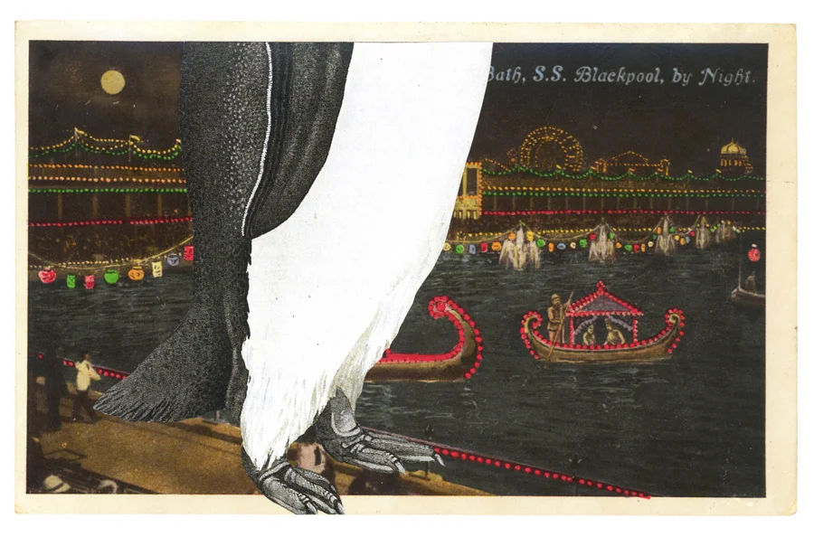 Gracia Haby, Made discernible by the glowing light, 2012, postcard collage 