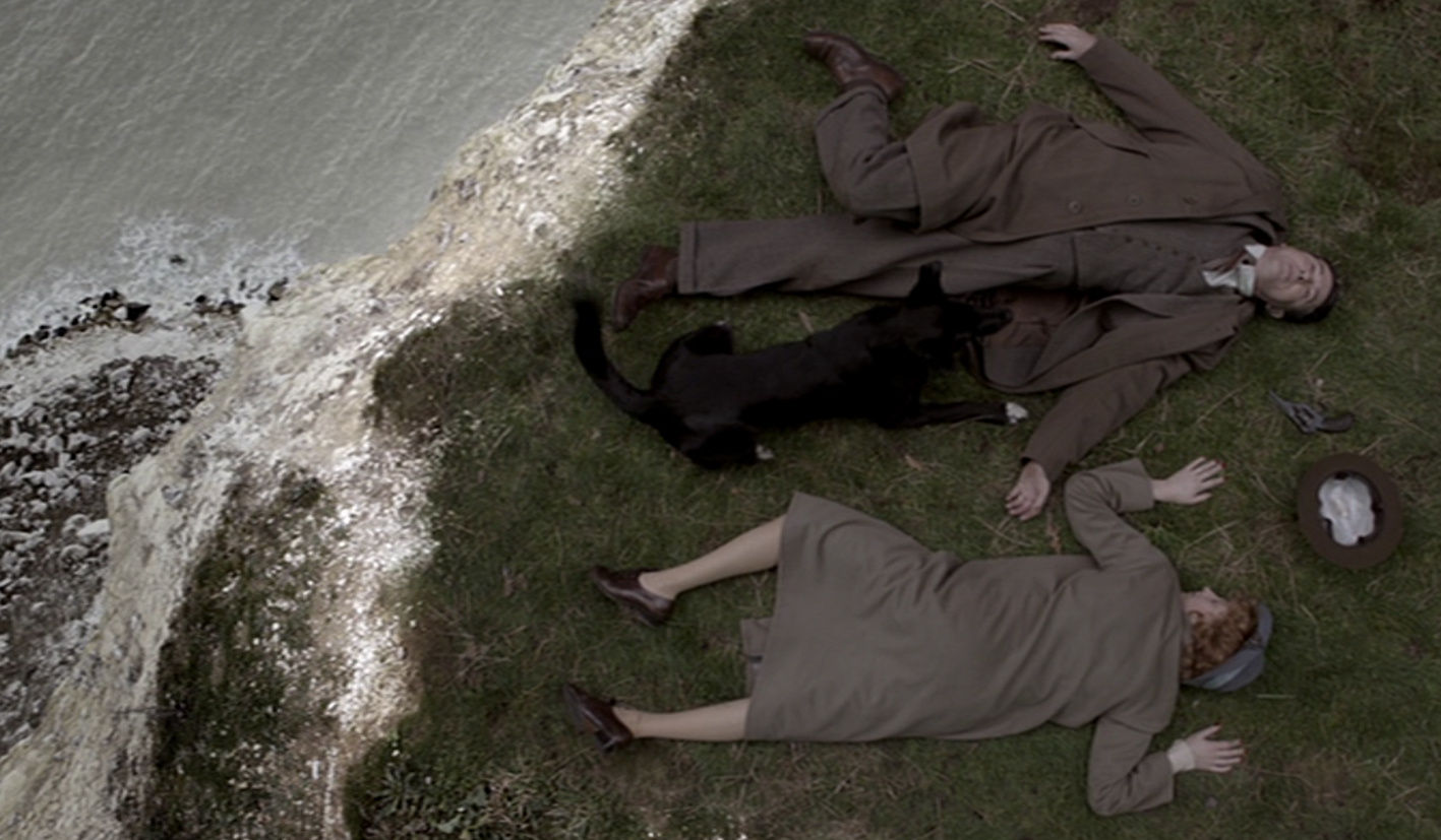 From A Catalogue of Bodies : General Ravenscroft and Lady Ravenscroft (believed to be), cause of death: murdered or part of a suicide pact with revolver on the rocks, time of death: 0.01 (Scene from Elephants Can Remember )