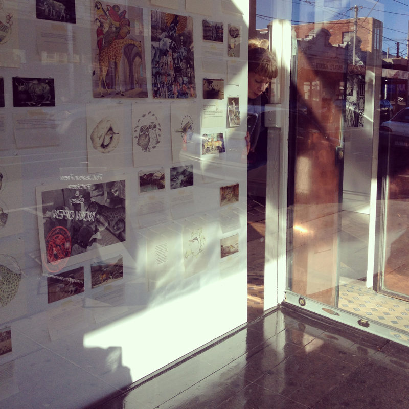 Installing Not Quite Sure in the window of the Port Jackson Press Print Gallery