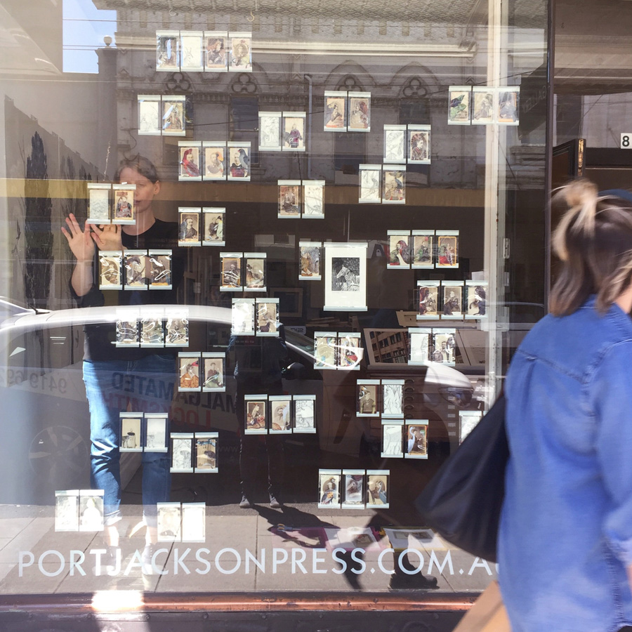 Yesterday, installing our pieces in the window and catching reflections
