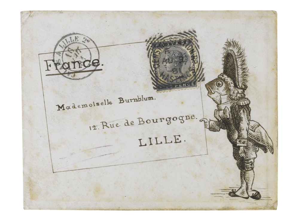 A pen-and-ink sketch of a fish footman presenting an envelope with the address and postage stamp, on an envelope from Hastings to France 9 August 1881, franked with the 5d. indigo, S.G.K6, tied by the Censing Station Road, Hastings code 'F' squared-circle date stamp, Calais à Ville transit 10 August opposite, Lille date stamp of arrival on the reverse the same day, addressed to Mademoiselle Burnblum in Lille