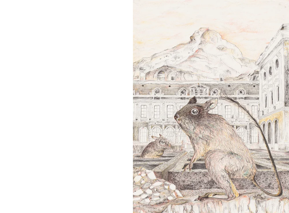 Gracia Haby & Louise Jennison, Not a royal residence but a garrison fortress , lithograph with hand-colouring. Image drawn directly on to the lithographic plates by the Artists and processed, proofed and printed in three colours from three plates, by APW Printer Martin King and hand-coloured by the Artists, at Australian Print Workshop, Melbourne, 2019.
