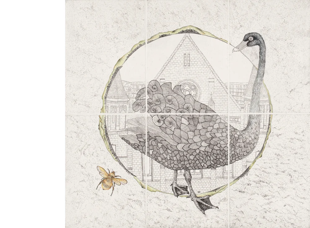 Gracia Haby & Louise Jennison, Halfway around the world and back again , hardground etching with hand-colouring. Image drawn directly on to the copper plates by the Artists and processed, proofed and printed in one colour from six plates, by APW Printer Martin King and hand-coloured by the Artists, at Australian Print Workshop, Melbourne, 2019.