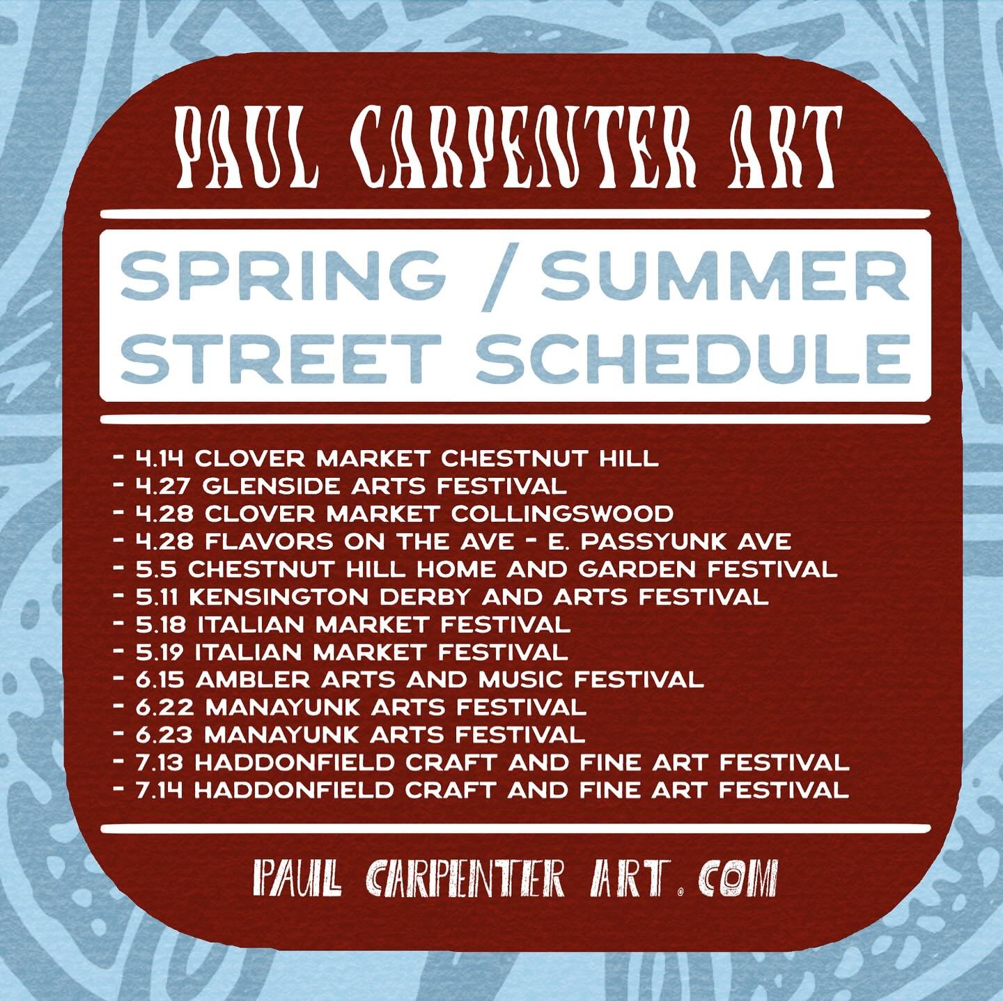 Starting off the Spring / Summer Street Schedule at @clovermarket Chestnut Hill today 4/14 from 10-4!
.
.
.
#paulcarpenterart #clovermarket #philly #philadelphia #streetwear