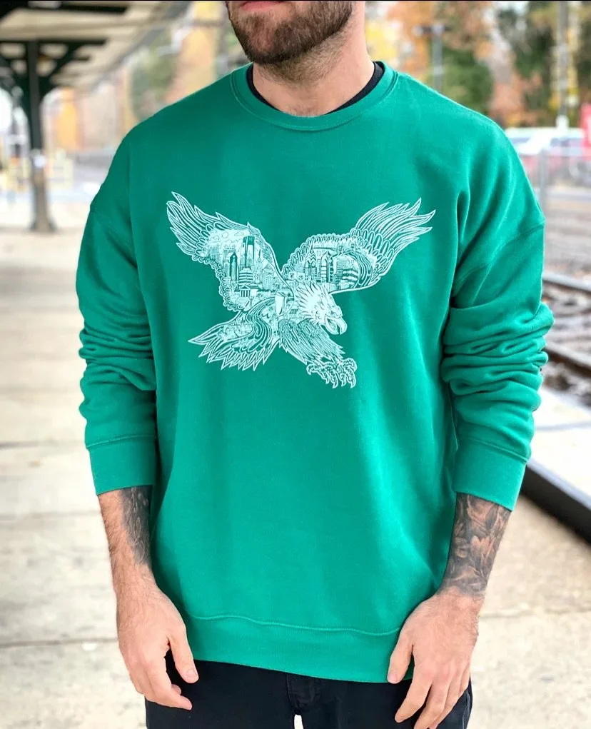 Had a lot of requests to reprint this ultra soft drop shoulder crew neck sweatshirt.  Just added some quantities to the online shop. Get em while there back 🦅 🦅 🦅 
.
.
.
#paulcarpenterart #philadephia #philly #gobirds