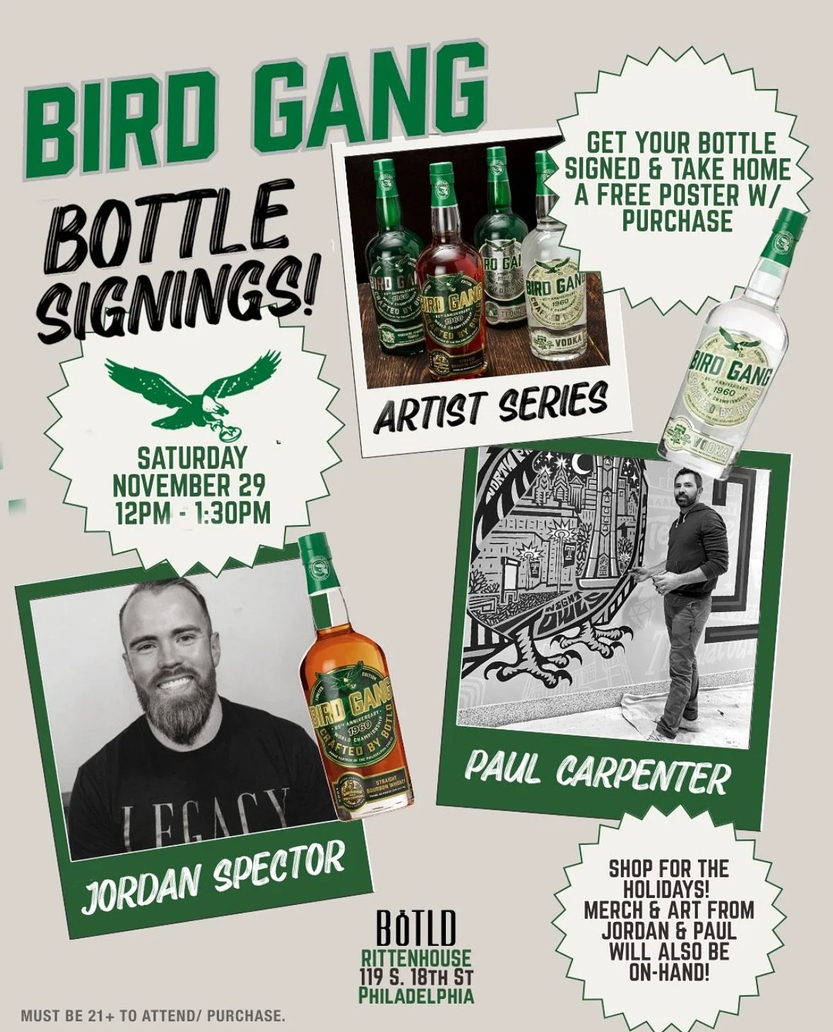 Join #PhillyArtist @spector_art &amp; @paulcarpenterart at @botldpa Rittenhouse for our Bird Gang Artist Series Bottle Signing - the ultimate limited-edition collectible for every true Eagles fan. Load up for the Holidays and rep that #BirdGang with 