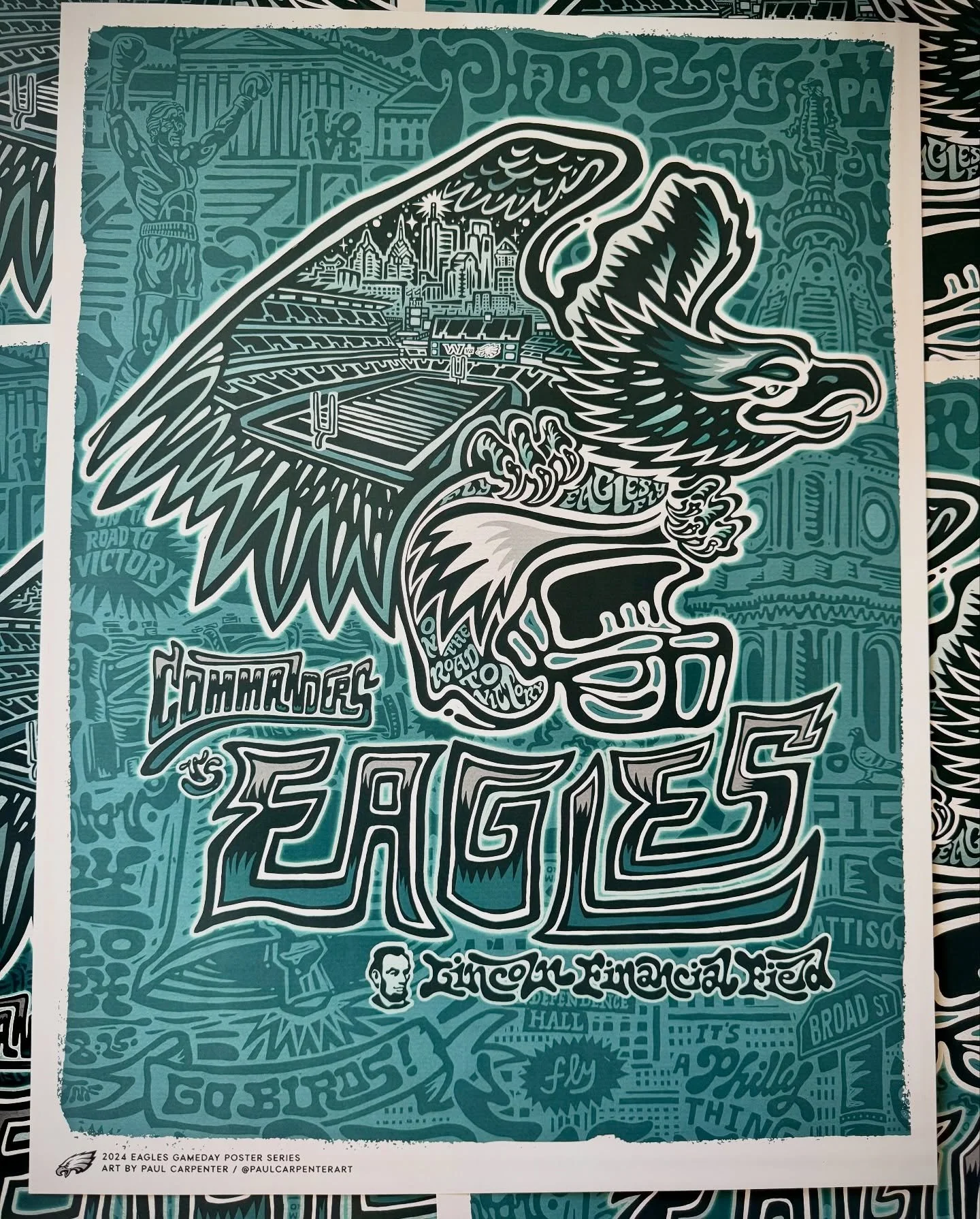 Throwback of the official Gameday poster I had the honor of designing with our @philadelphiaeagles for the TNF matchup against the Commies during last years magical season 💚 
GO BIRDS!!! 🦅 🦅 🦅 
.
.
.
#philadelphiaeagles #flyeaglesfly #eagles #pau