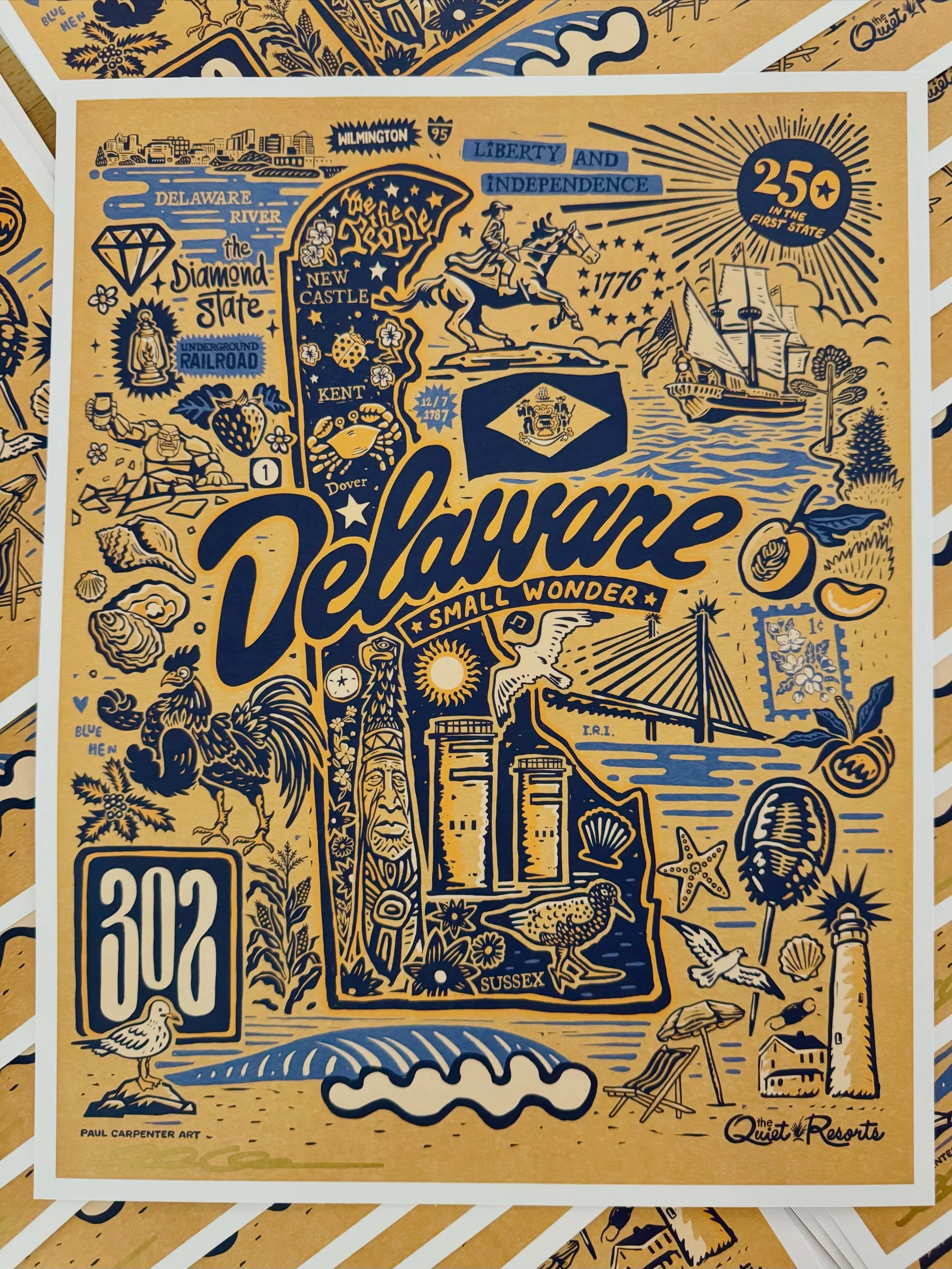 Fresh batch of Delaware 250 prints and tees heading to @thequietresorts 🌊 😎 🐓 💛
.
.
.
#paulcarpenterart #delaware #delaware250