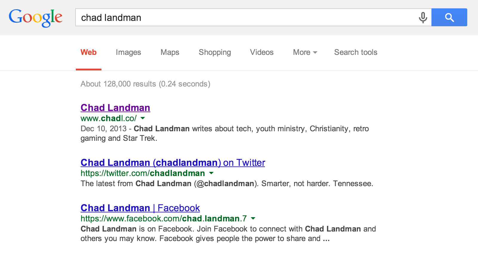 How my site appears in Google search rankings after having my domain for just over a year. 