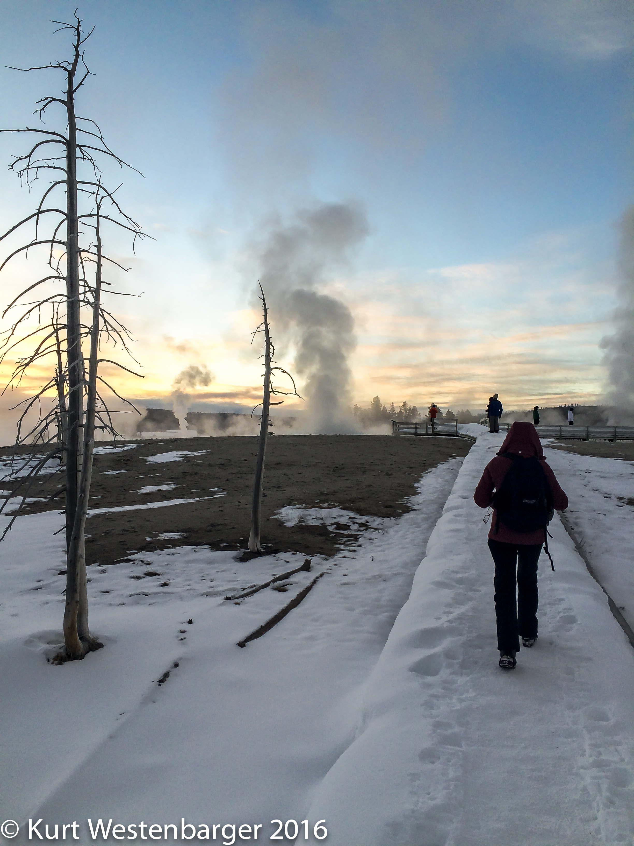 Sunrise on the boardwalk near Castle Geyser.