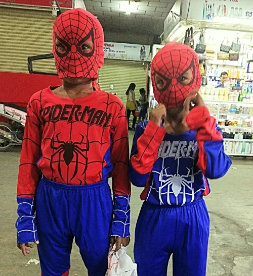 Vin and Vit in their favourite spiderman costumes - not your usual kind of heroes
