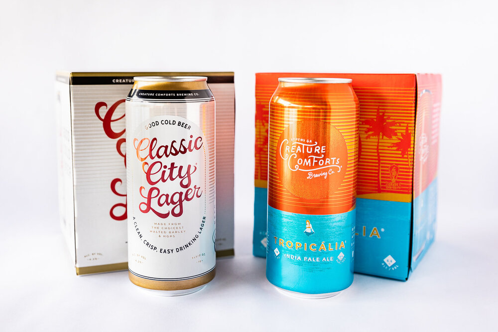 16oz cans and 4 pack cartons of Classic City Lager and Tropicalia 