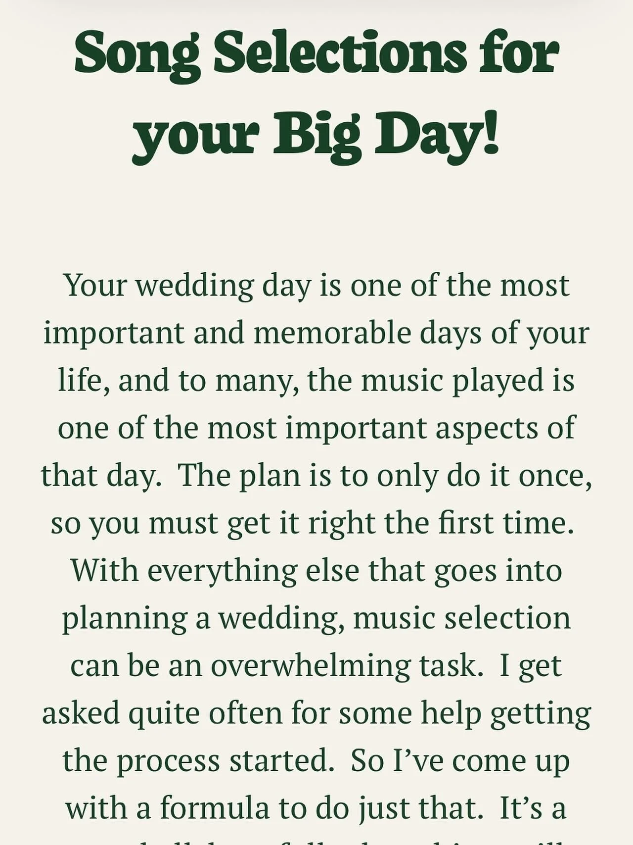 This week&rsquo;s wedding tip, read my blog post on music selection for your big day. After repeating the same information to my wedding couples for years, I wrote up this formula of sorts, posted it in my website, and directed my couples to it when 