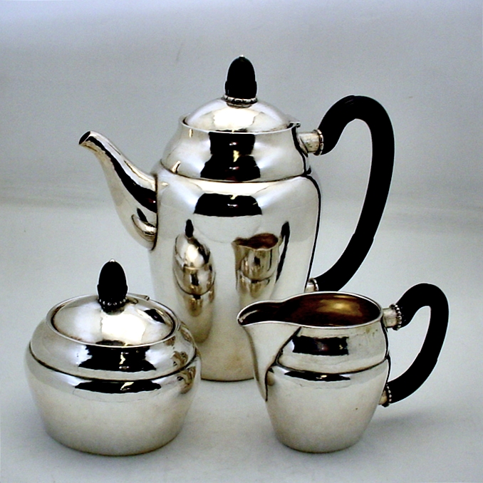 Vintage Early Georg Jensen Coffee Set # 28 ( 3 Pc ) With Ebony