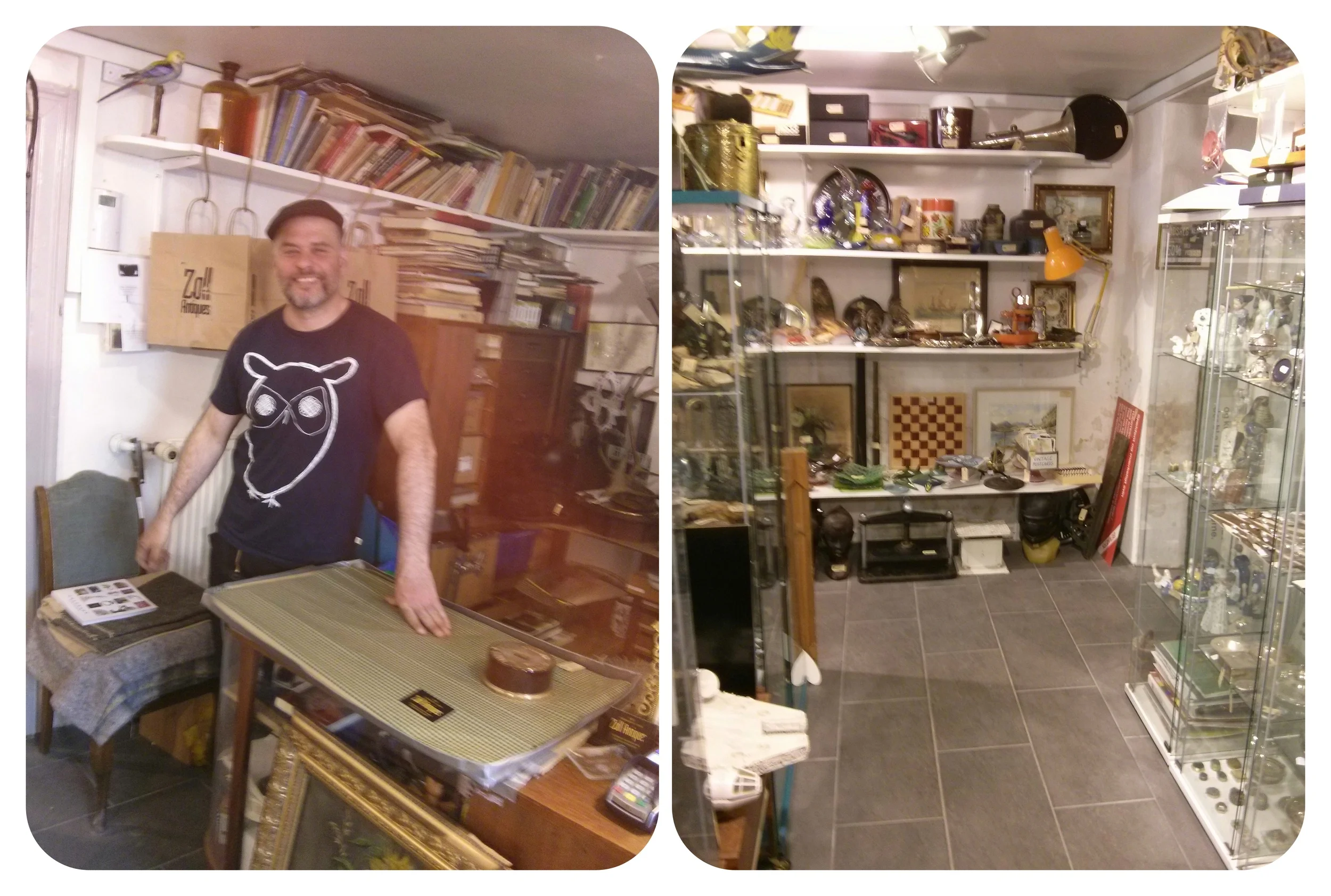 zoll antiques, store kongensgade 77, kim with a welcoming smile. he took over from his grandfather and changed the display, so now it is actually possible to walk around in the shop and see everything. kim is working with his computer on line, and a the same time is the shop open for the public, good concept. good job and good luck kim.