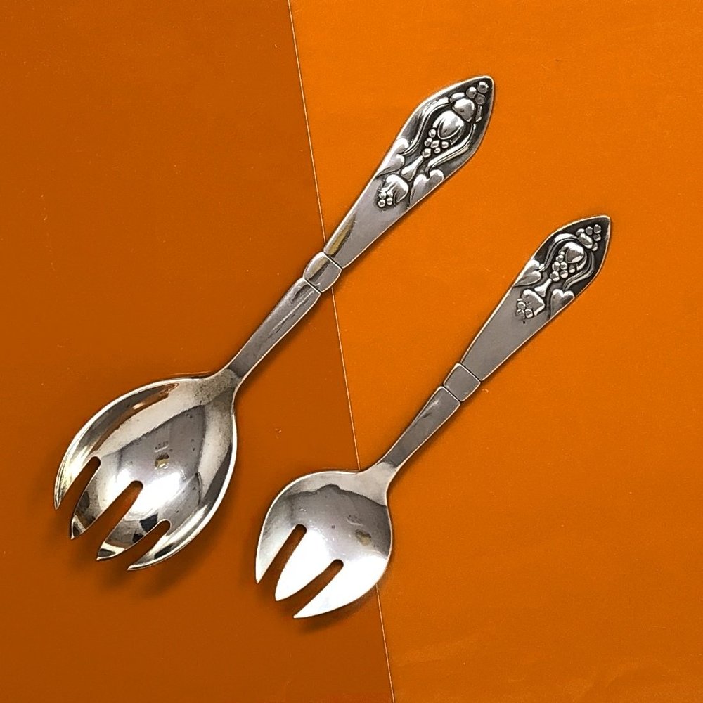 Vintage Georg Jensen Fuchsia/Klokke Pattern 2 Serving Spoon/Fork 