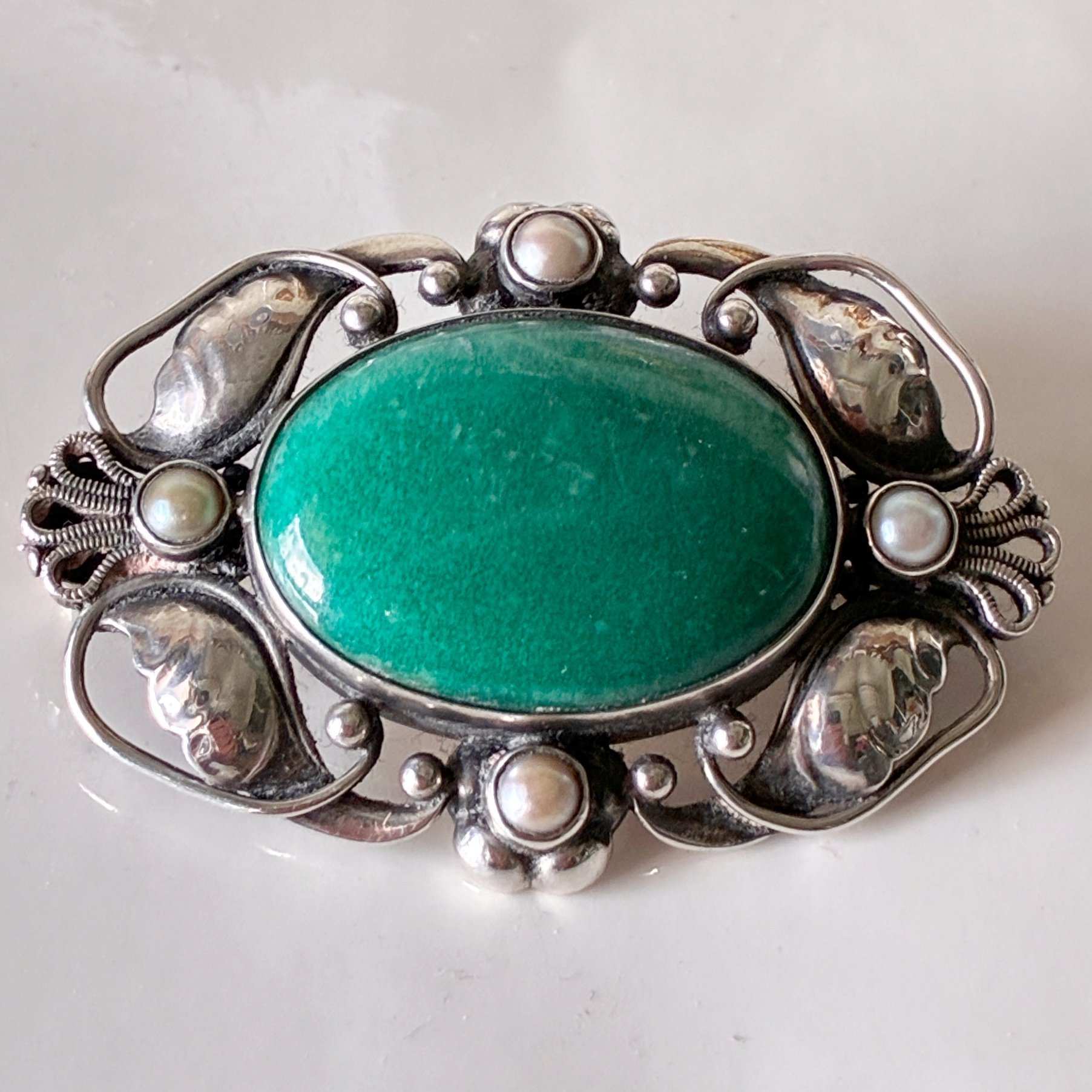 vintage georg jensen brooch no 171 with amazonite and pearls sterling silver