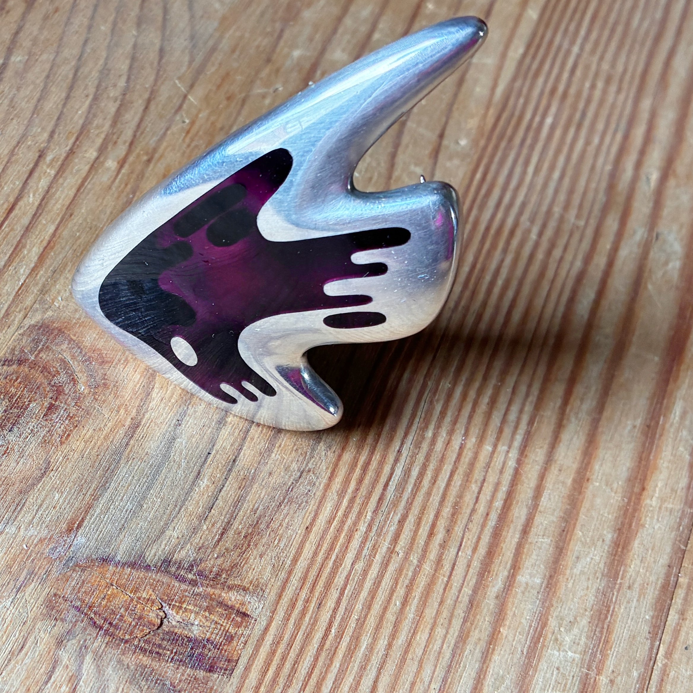 Georg Jensen Brooch # 307, Sterling Silver With Puple-ish Enamel. Design By Henning Koppel