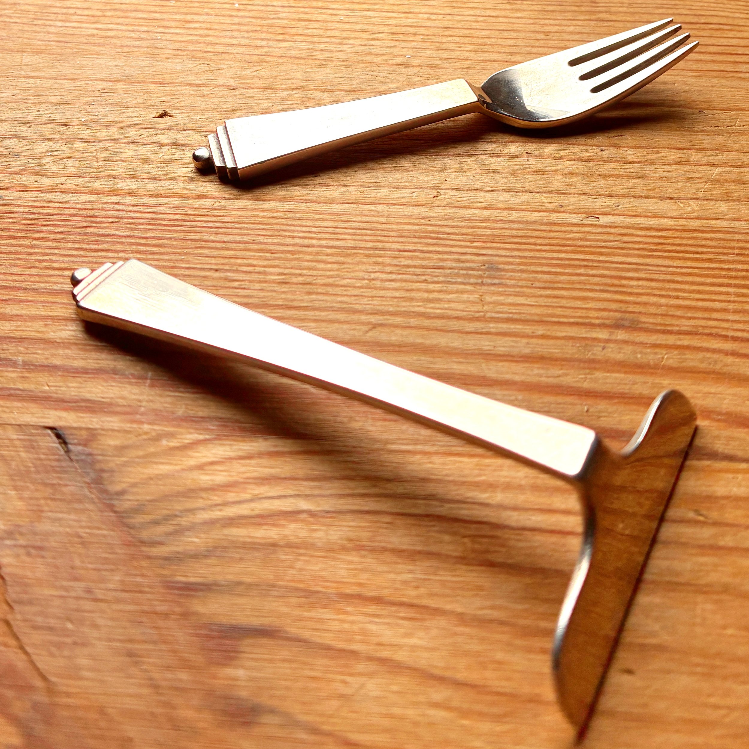 Vintage Georg Jensen Pyramid Pattern Baby Pusher And Fork, Sterling Silver