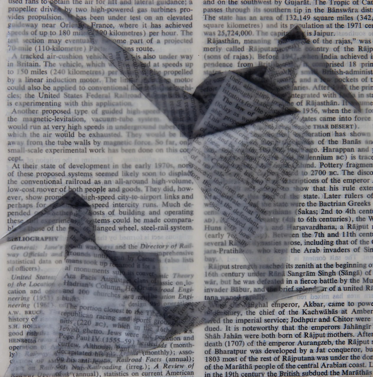 Encaustic medium, japanese paper, encyclopedia page on board 6"x6"
