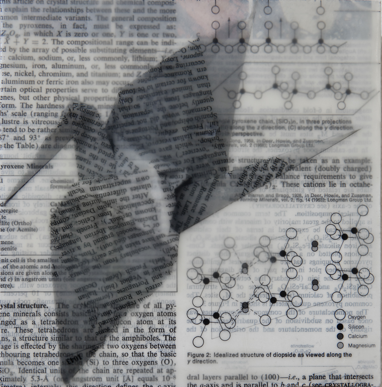 Encaustic medium, japanese paper, encyclopedia page on board 6"x6"