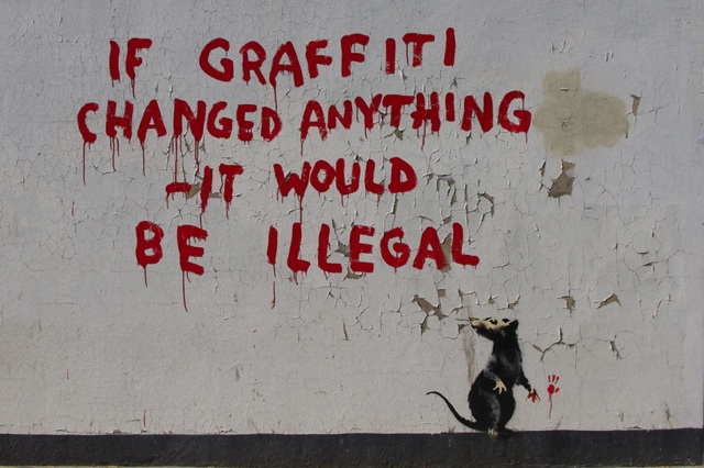 Graffiti (singular: graffito; the plural is used as a mass noun) is the name for images or lettering scratched, scrawled, painted or marked in any manner on property. Graffiti is any type of public markings that may appear in the forms of simple written words to elaborate wall paintings. Graffiti has existed since ancient times, with examples dating back to Ancient Greece and the Roman Empire.
In modern times, paint, particularly spray paint, and marker pens have become the most commonly used graffiti materials. In most countries, marking or painting property without the property owner's consent is considered defacement and vandalism, which is a punishable crime. Sometimes graffiti expresses social and political messages and a whole genre of artistic expression is based upon spray paint graffiti styles. To some, it is an art form worthy of display in galleries and exhibitions; to others it is merely vandalism. Graffiti has evolved into a pop culture existence often related to underground hip hop music, b-boying, and a lifestyle that remains hidden from the general public. Graffiti can be used as a gang signal to mark territory or to serve as an indicator or "tag" for gang-related activity.
Controversies that surround graffiti continue to create disagreement amongst city officials/law enforcement and graffitists who wish to display and appreciate work in public locations. There are many different types and styles of graffiti and it is a rapidly developing art form whose value is highly contested, reviled by many authorities while also subject to protection, sometimes within the same jurisdiction.
via