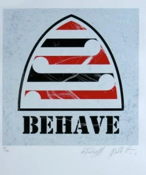 Screenprint Image size in millimetres: 460 x 460 (printed on a full A1 sheet) Signed, titled and individually numbered Edition of 180. Final colourway of the Behave series release. Otis Frizzell and Mike Weston's Behave prints are an important landmark in the development of the Weston Frizzell pop art studio. Two of the four colourways sold out - yellow and white were released in late 2011 & few remain available.