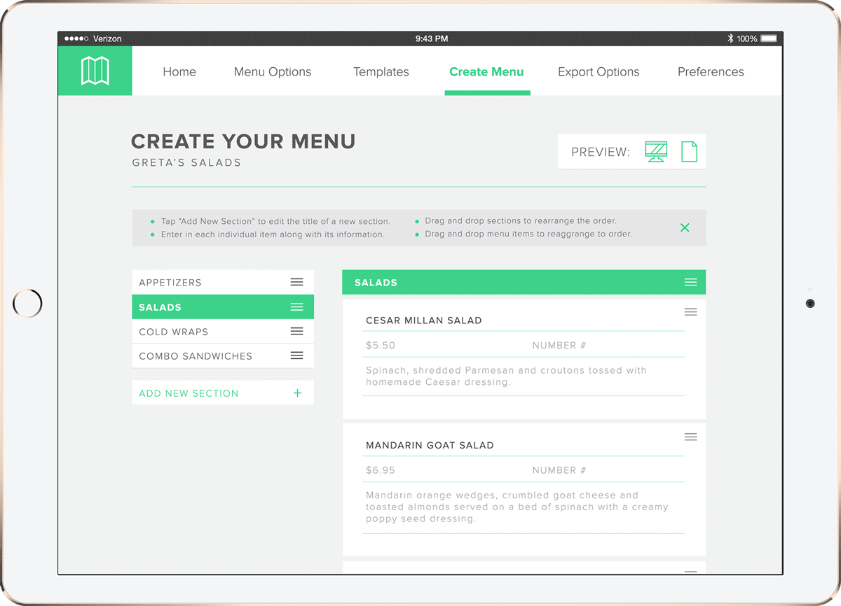 Adding items to your menu.