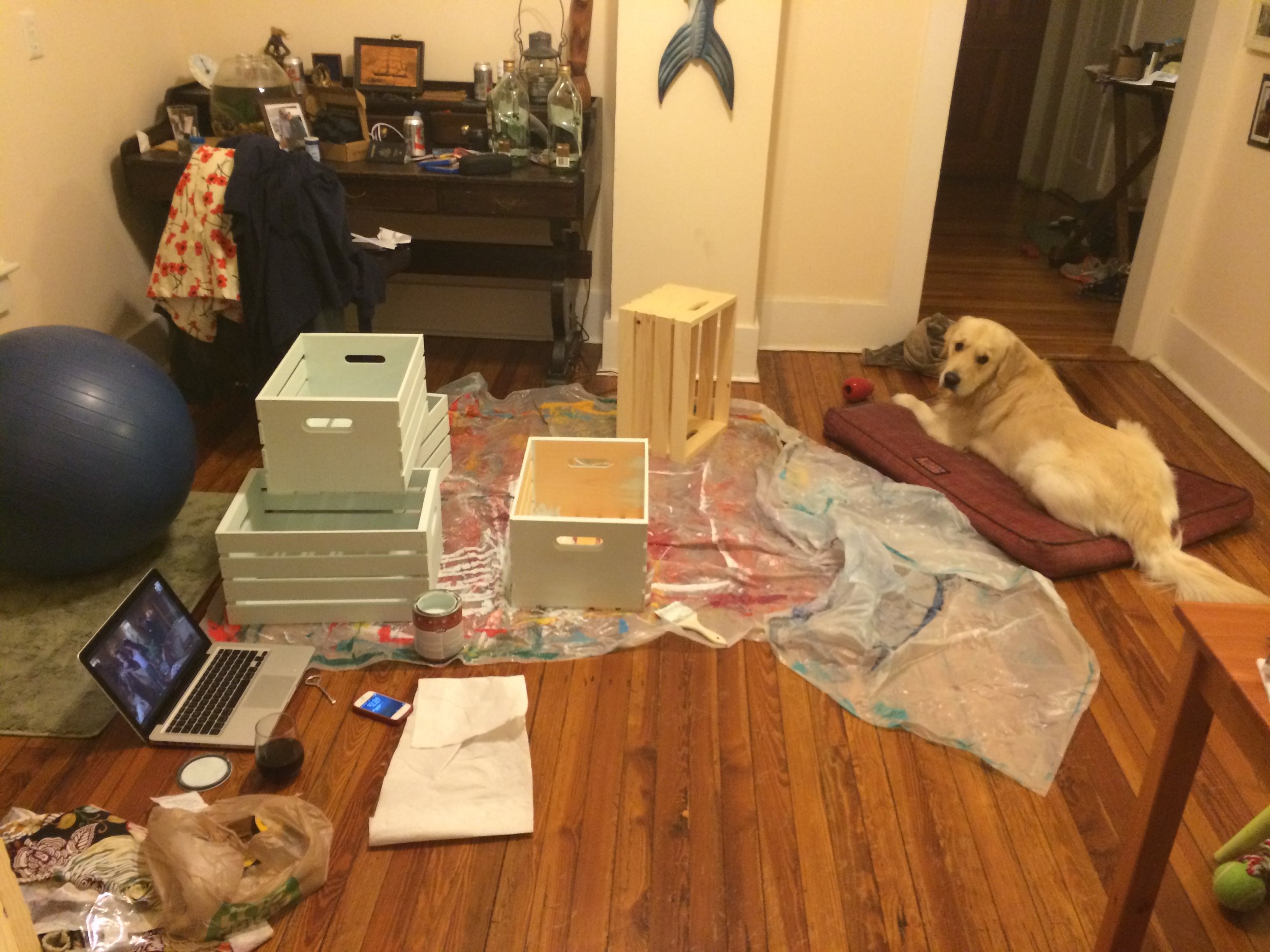 Painting the $7.00 crates in the Old Mission house with Archie!