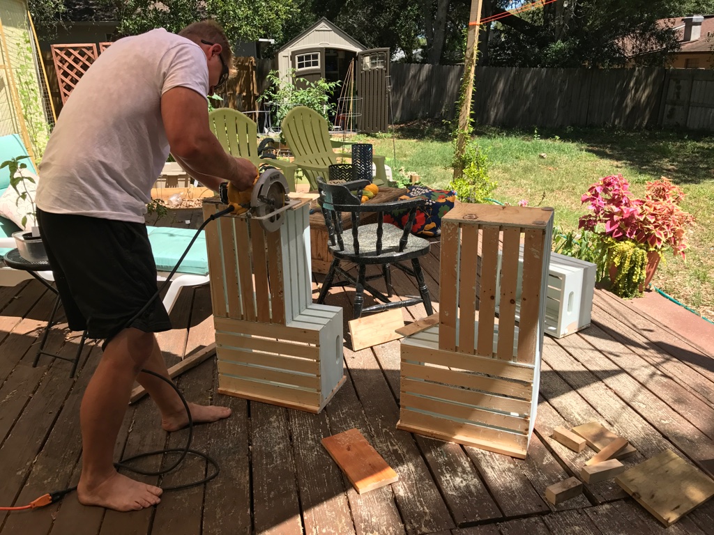 Hubby chops the crates apart!