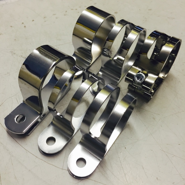 Elite P shaped exhaust clips. Heavy duty, lightweight wide slot, slotted all around, solid, narrow slot, lightweight silencer clamp