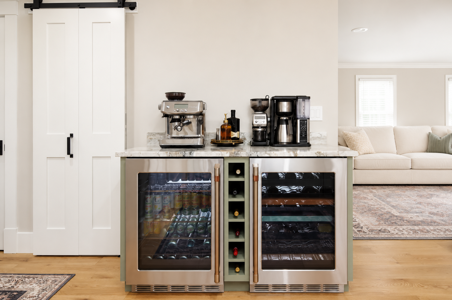 Customized beverage bar with sliding barn door for the pantry