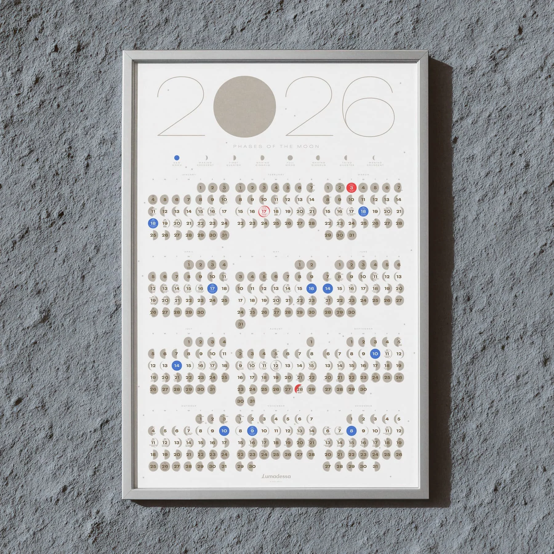 Lumadessa 2026 Moon Phase Calendar (Stellar White)