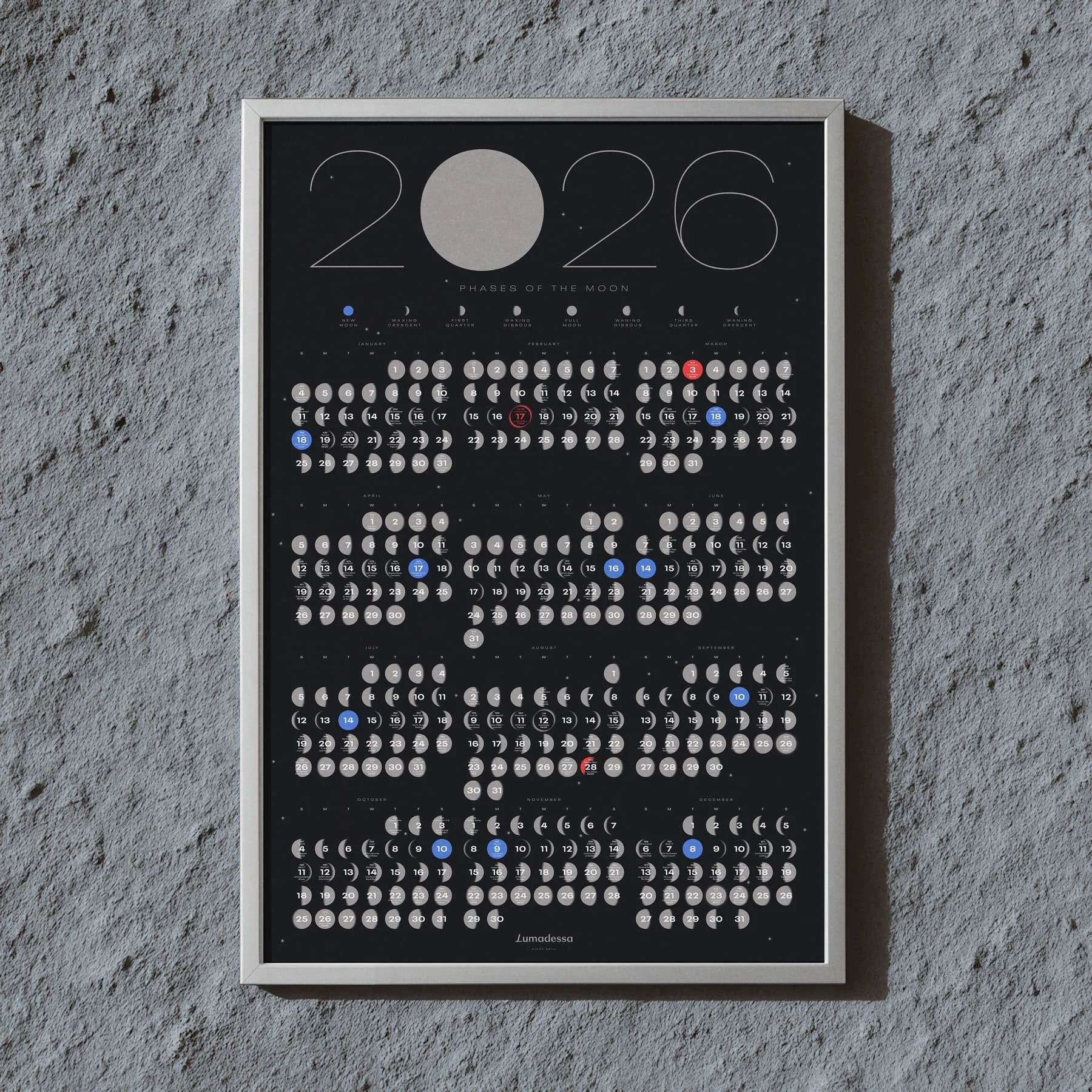 Lumadessa 2026 Moon Phase Calendar (Space Black)