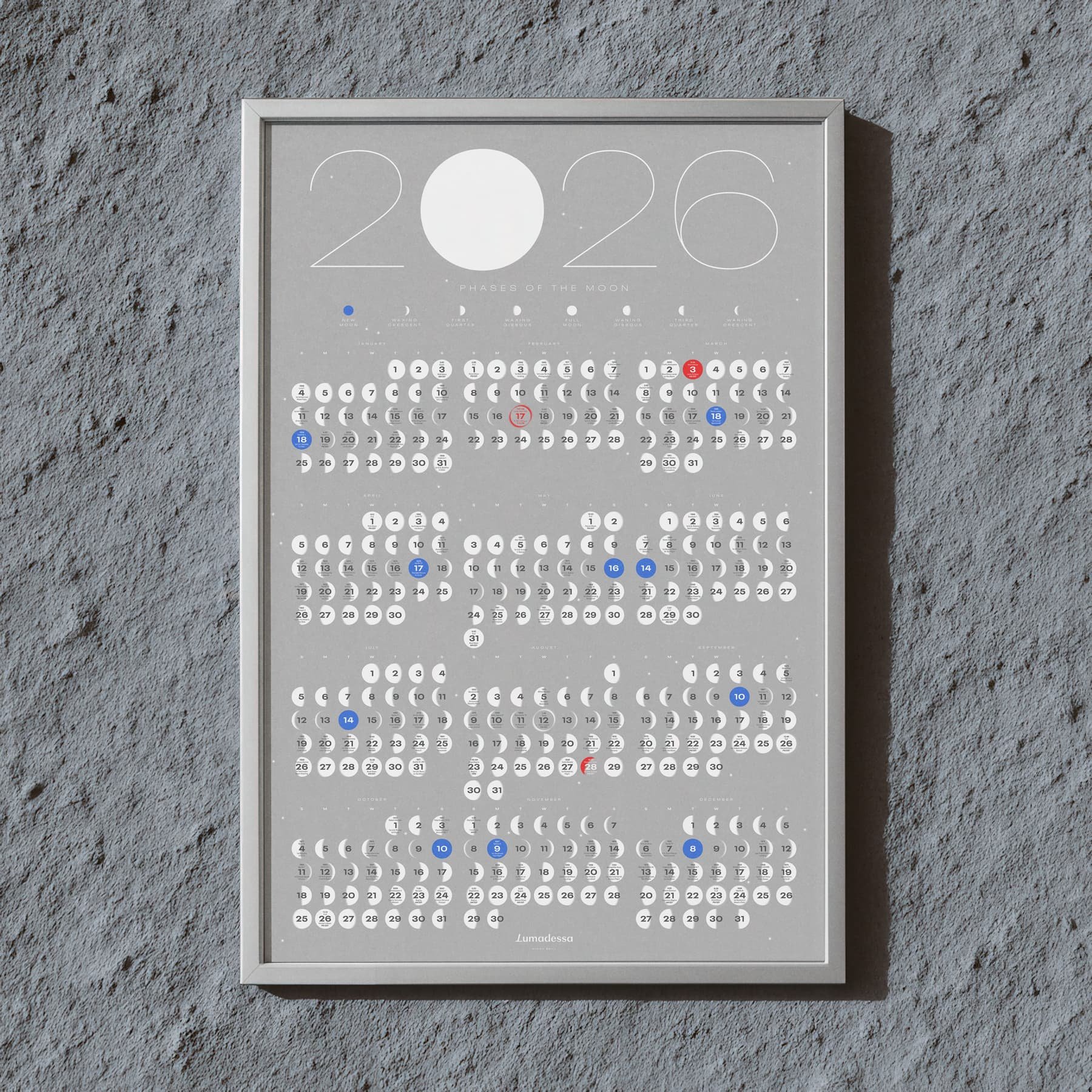 Lumadessa 2026 Moon Phase Calendar (Lunar Gray)