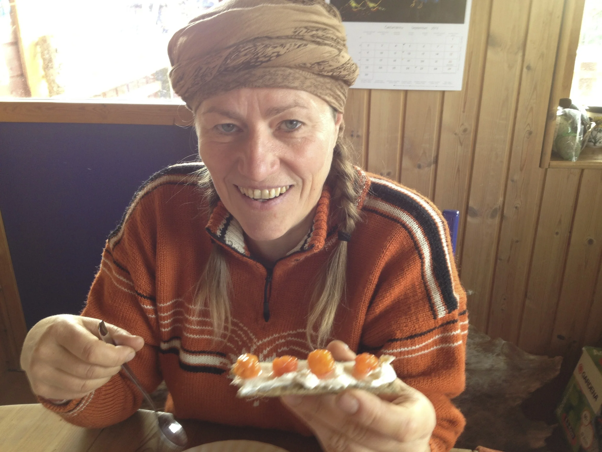 Gerlinde welcoming me with cloudberries