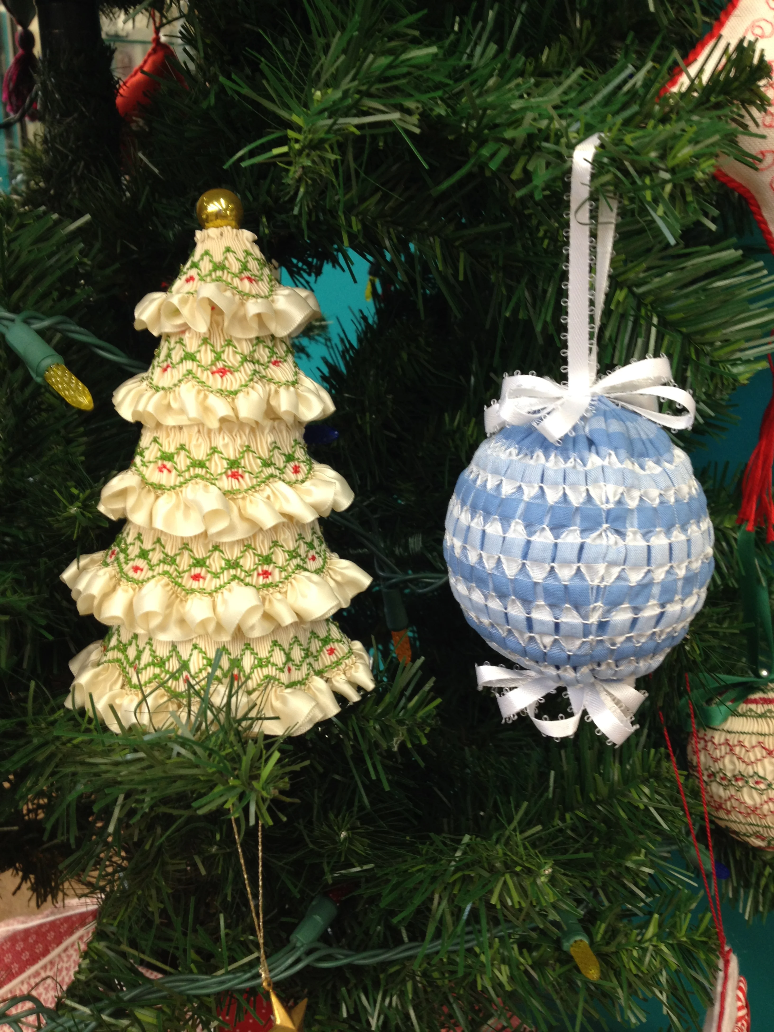 smocked tree of gathered trim and blue gingham ball